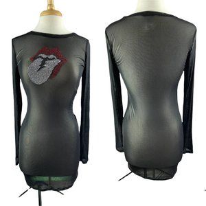 Women Long Sleeve Sheer Mesh See Through Bikini Swimsuit Cover Up Mini Dress